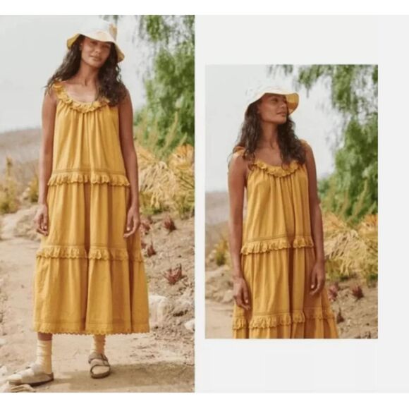 THE GREAT. Eyelet Magnolia Tiered Oversized Midi Dress Mustard Yellow Size S - Picture 2 of 10